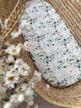 Load image into Gallery viewer, Baby moses basket with eucalyptus foliage print sheet on mattress