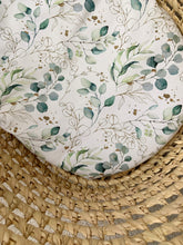 Load image into Gallery viewer, Close up of eucalyptus foliage print moses basket sheet