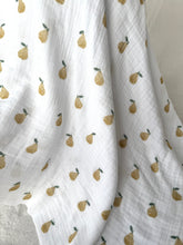 Load image into Gallery viewer, White swaddle blanket with gold pear pattern