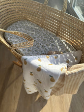 Load image into Gallery viewer, White muslin cloth with gold pears hanging over a moses basket