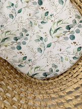 Load image into Gallery viewer, Close up of eucalyptus foliage print moses basket sheet 
