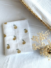 Load image into Gallery viewer, White baby muslin cloth with gold pear pattern on a white background
